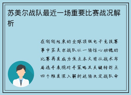 苏美尔战队最近一场重要比赛战况解析